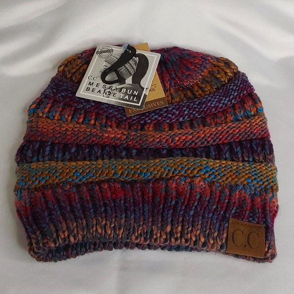 'C.C BEANIE' MESSY BUN BEANIE TAIL' VARIEGATED STRIPE - Picture 8 of 16